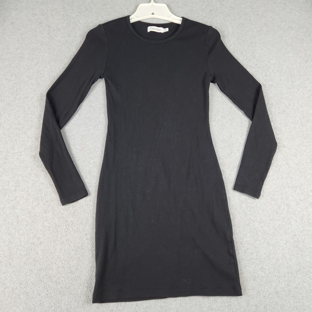 Calvin Klein Mini Dress Womens Small Black Ribbed Knit Long Sleeve Crew Neck